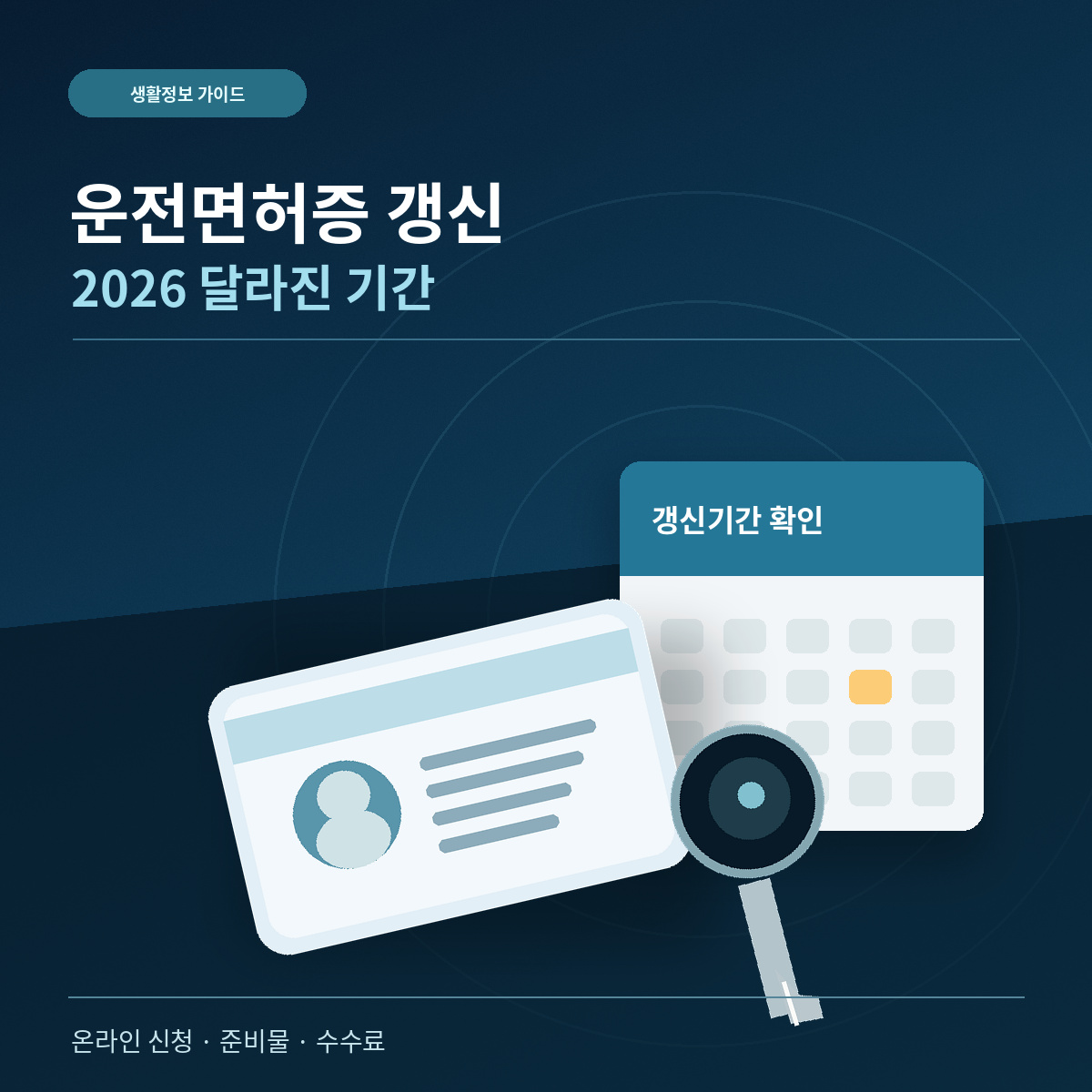 차량 열쇠와 달력, 신분증을 연상시키는 일반 카드가 놓인 책상 위에 운전면허증 갱신 안내 문구를 배치한 대표 이미지