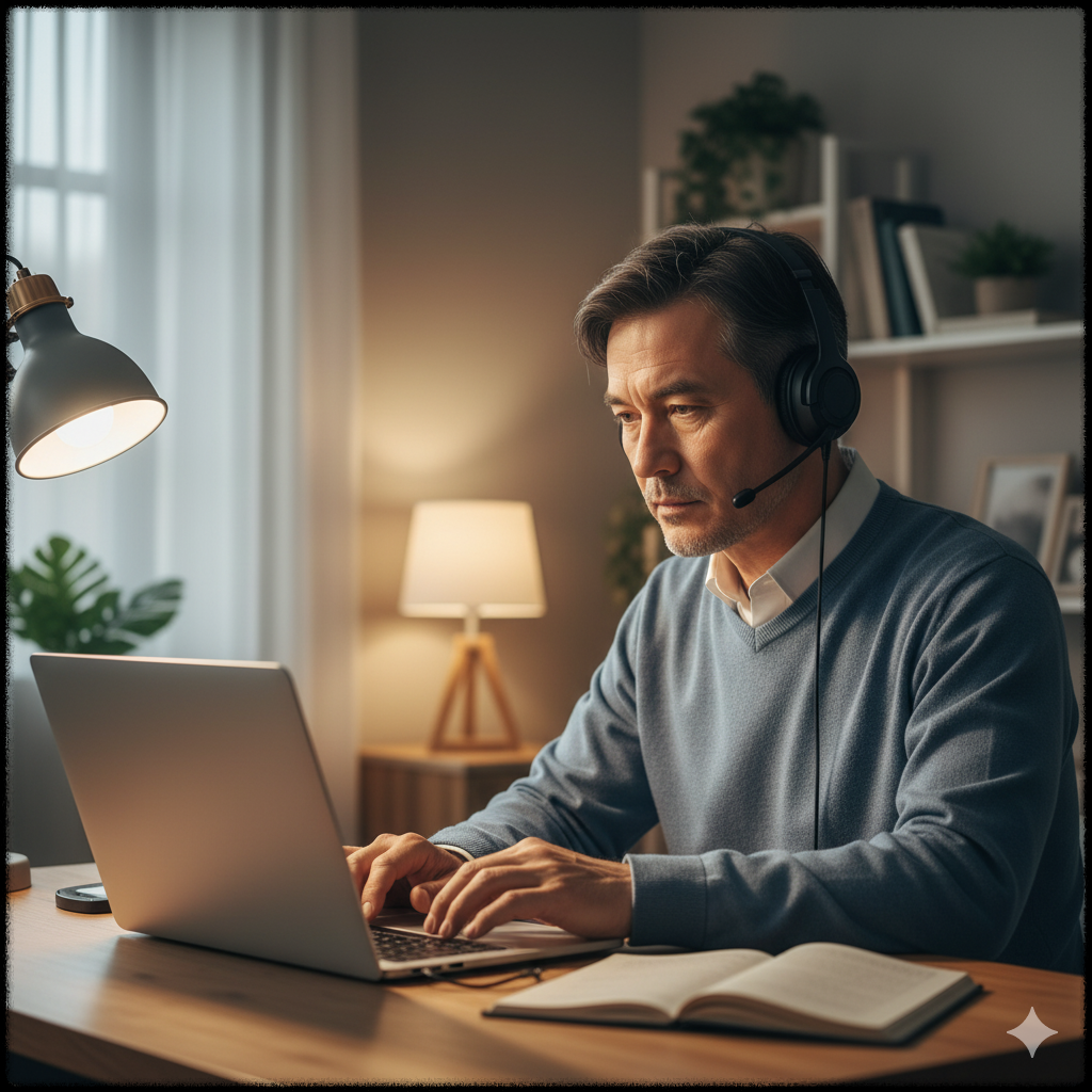 온라인 강의를 수강하는 중년 남성