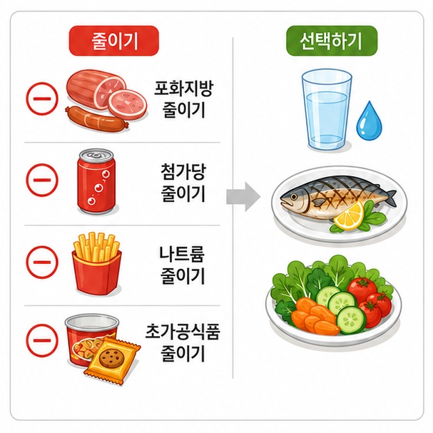 가공육과 단 음료, 튀김과 짠 음식을 줄이고 포화지방과 첨가당, 나트륨과 초가공식품 섭취를 낮추는 식사 방법을 보여 주는 그림