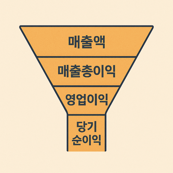 매출액부터 당기순이익까지의 단계를 시각적으로 보여주는 깔때기 모양의 다이어그램
