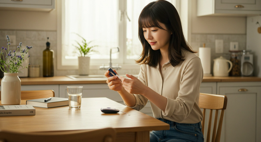 혈당을 측정하는 한국인 여성