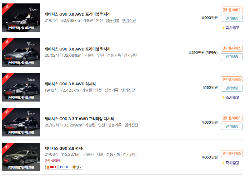 제네시스 G90 중고차 가격 시세표 24년10월