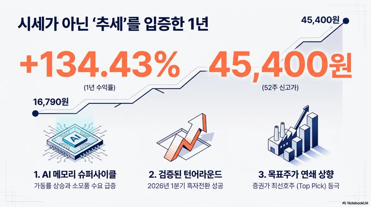 원익QnC 주가 전망: 원익QnC 1년 수익률 134.43%와 52주 신고가 45,400원을 보여주는 주가 추세 인포그래픽. AI 메모리 슈퍼사이클, 검증된 턴어라운드, 목표주가 연쇄 상향이라는 세 가지 상승 동력을 시각적으로 전달하며, 블로그의 원익QnC 주가 급등 배경과 관련된 내용을 설명함