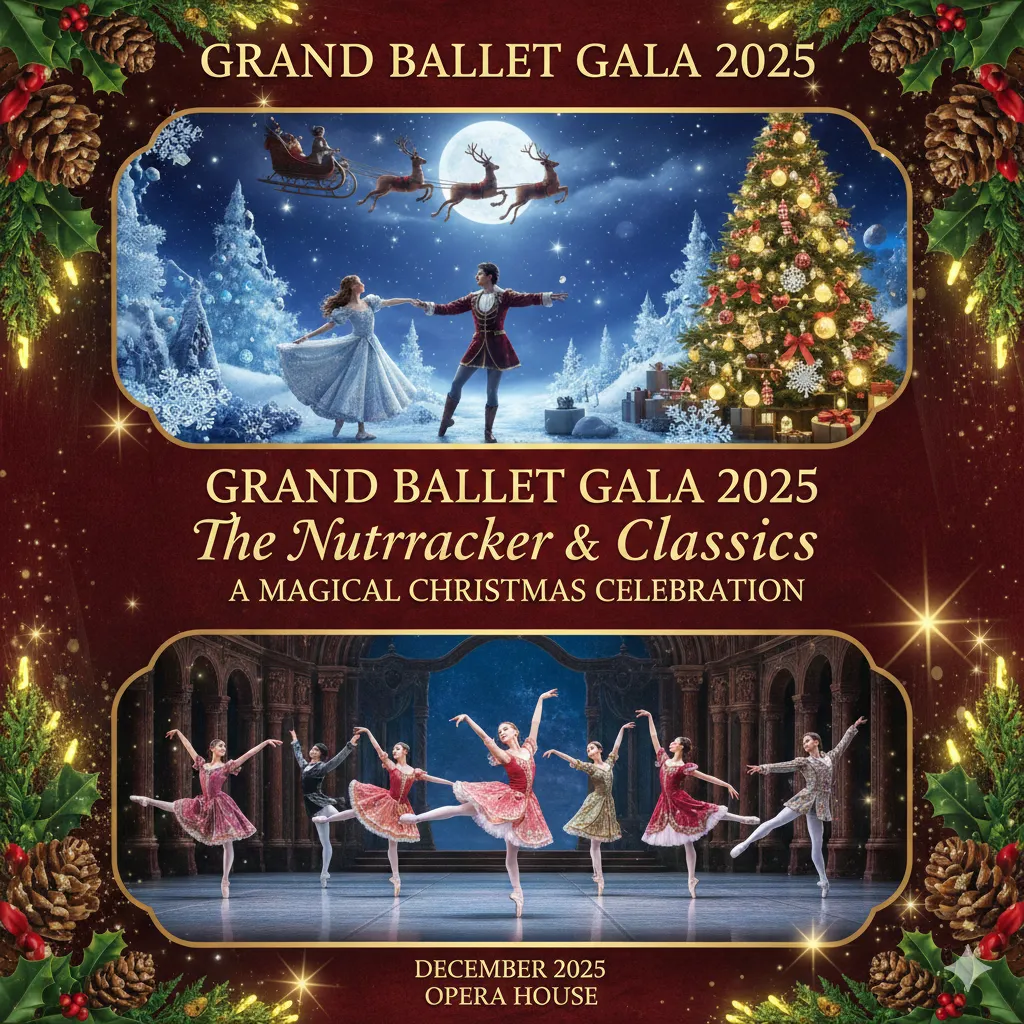 2025년 연말 그랜드 발레 갈라 및 호두까기 인형 공연 포스터 콜라주. 크리스마스 트리와 발레리나들의 역동적인 모습이 담긴 화려하고 따뜻한 분위기.