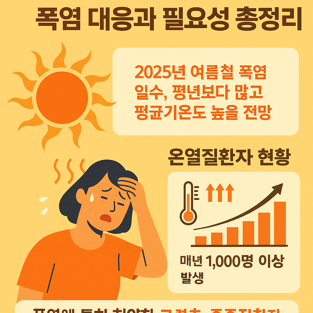 2025년 여름철 폭염 대응과 필요성 총정리 인포그래픽, 폭염일수 증가와 평균기온 상승 전망, 온열질환자 발생 증가 추세, 취약계층 보호 필요성 강조