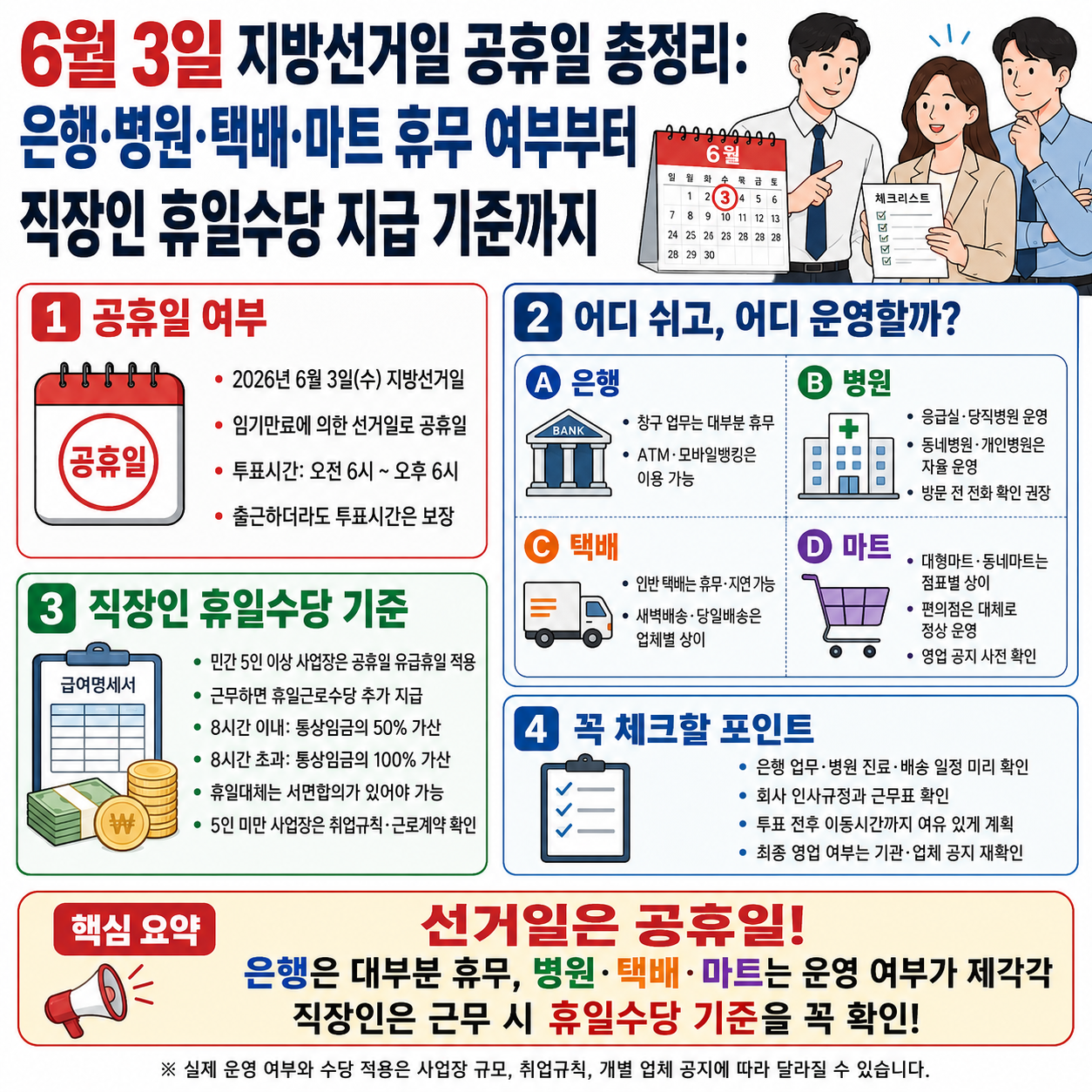 6월 3일 지방선거일 공휴일 총정리: 은행&middot;병원&middot;택배&middot;마트 휴무 여부부터 직장인 휴일수당 지급 기준까지