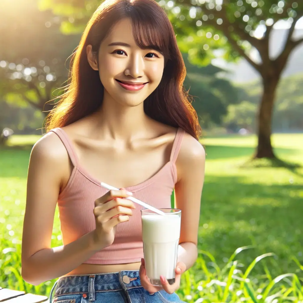 공원에서 요거트 스무디를 마시며 웃고 있는 젊은 아시아 여성