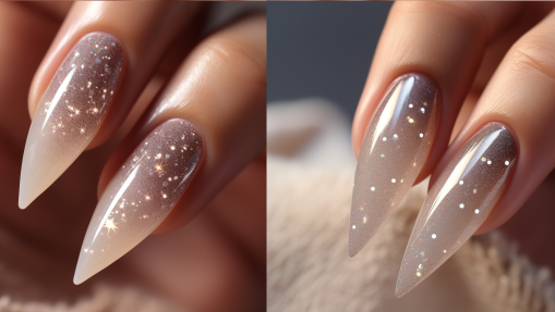 베이지색 펄 투명 그라데이션 네일아트., 뾰족하고 긴 손톱, 스틸레토 쉐입 네일