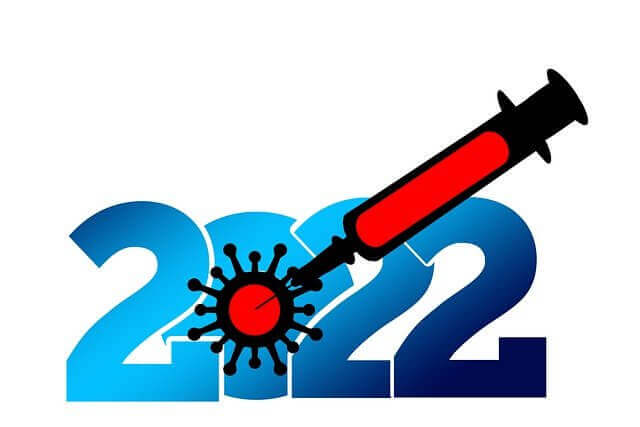 2022년 이란 숫자에 코로나 바이러스가 주사기로 주입되는 모습