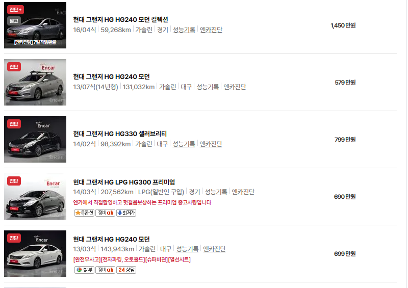 현대 그랜저 중고차 가격 시세표 유지비