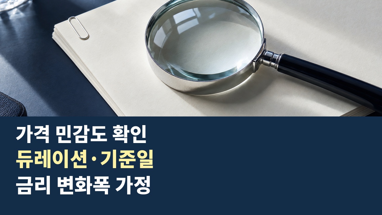운용사 자료를 확인하는 돋보기 연출과 듀레이션 기준일·금리 변화 가정을 확인하는 카드