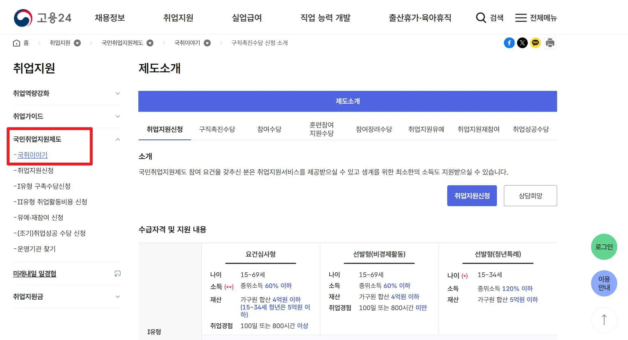 국민취업지원제도 안내 페이지