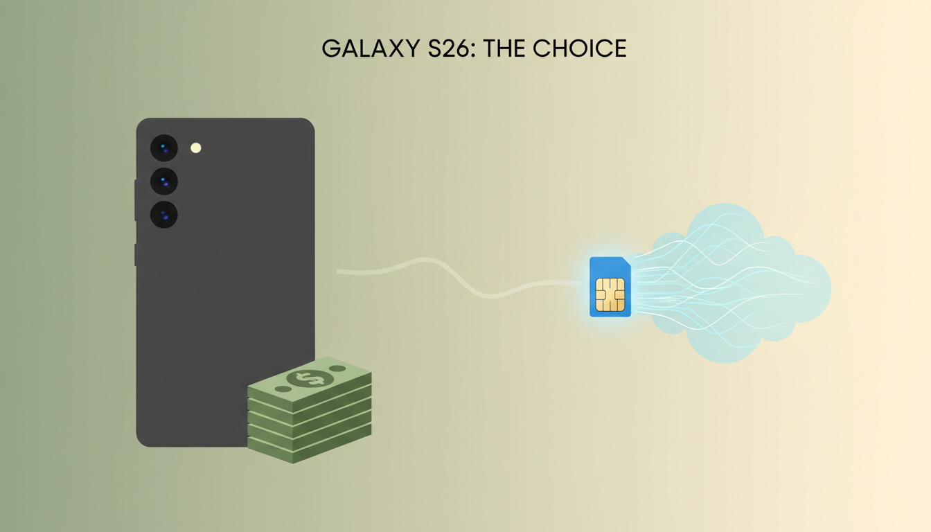 갤럭시 S26 스마트폰과 돈다발, 그리고 유심칩과 네트워크 심볼이 대조를 이루며 자급제 구매의 장단점을 시각적으로 표현한 이미지.