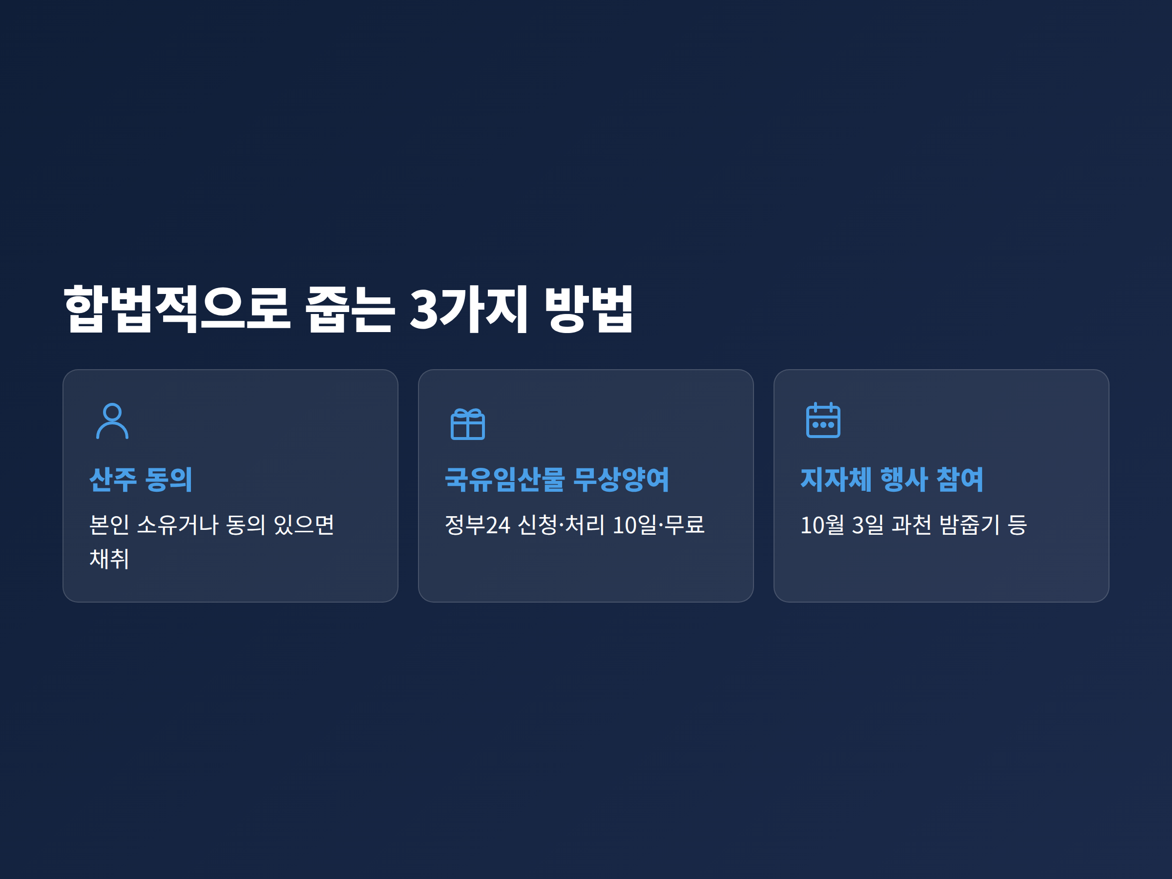 산주 동의와 국유임산물 무상양여, 지자체 밤줍기 행사 세 가지 합법 경로를 정리한 카드