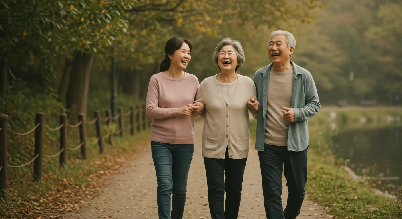 가을 분위기의 야외에서 웃으며 팔짱을 끼고 산책하는 노년의 한국인 부모님과 중년의 딸, 건강하고 행복한 노후를 보여주는 이미지