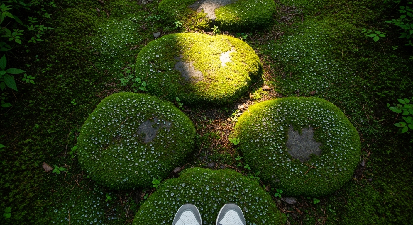 화담숲 이끼원의 촉촉한 이끼 낀 숲길을 걷는 사람의 발과 신비로운 초록빛 풍경