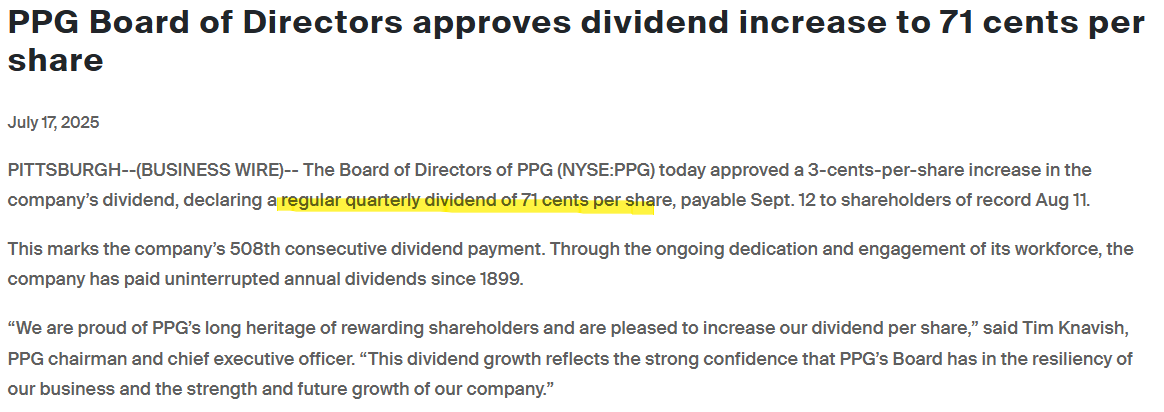 PPG 인더스트리즈(PPG Industries, PPG) 분기배당 0.71달러