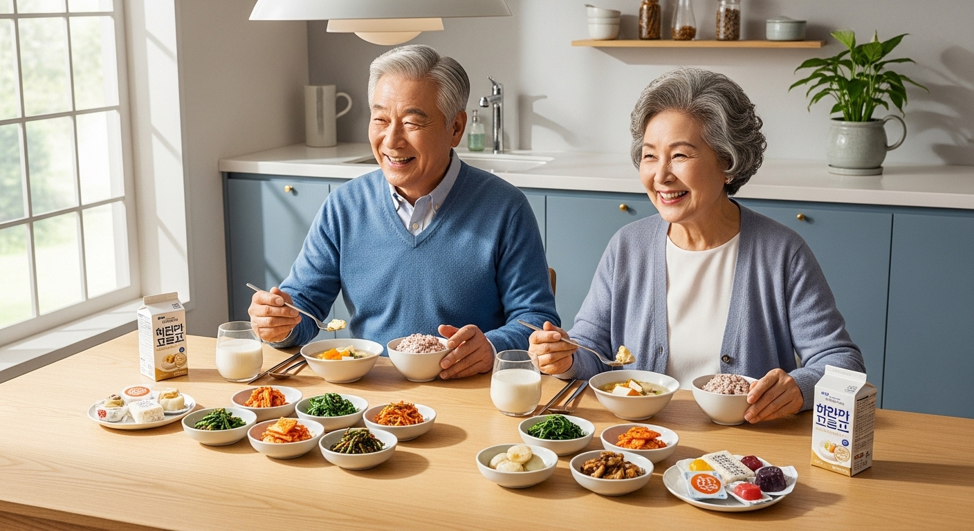 시니어 건강식품을 섭취하며 행복하게 식사하는 노부부의 모습.