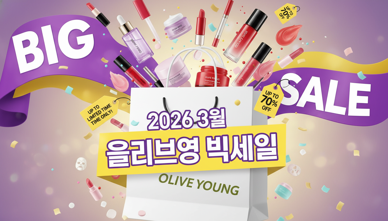 2026년 3월 올리브영 빅세일 기간을 알리는 보라색과 노란색 배너와 할인된 인기 화장품들이 가득한 쇼핑백. 세일의 풍성함과 기대감을 표현하는 이미지.
