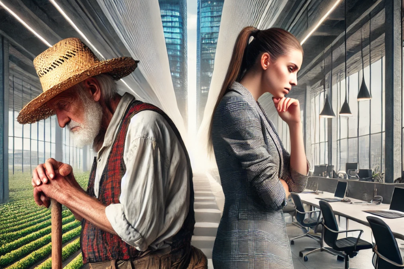 농부의 지친얼굴과 생각에 잠긴 여성으로 도시와 농촌의 생활의 어려움을 표현하고 있다