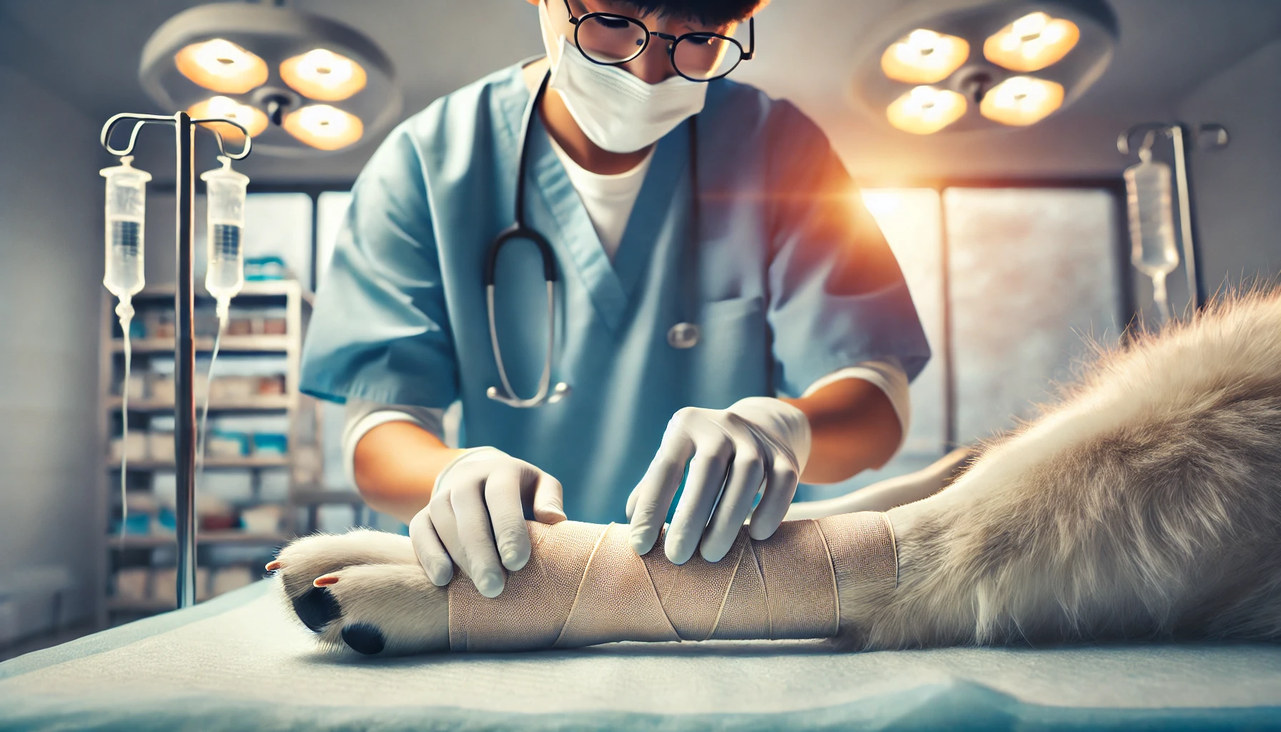 동물병원에서 치료를 받고 있는 강아지