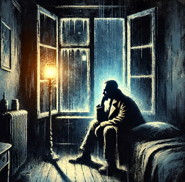 창문 옆 침대에 앉아 있는 남자