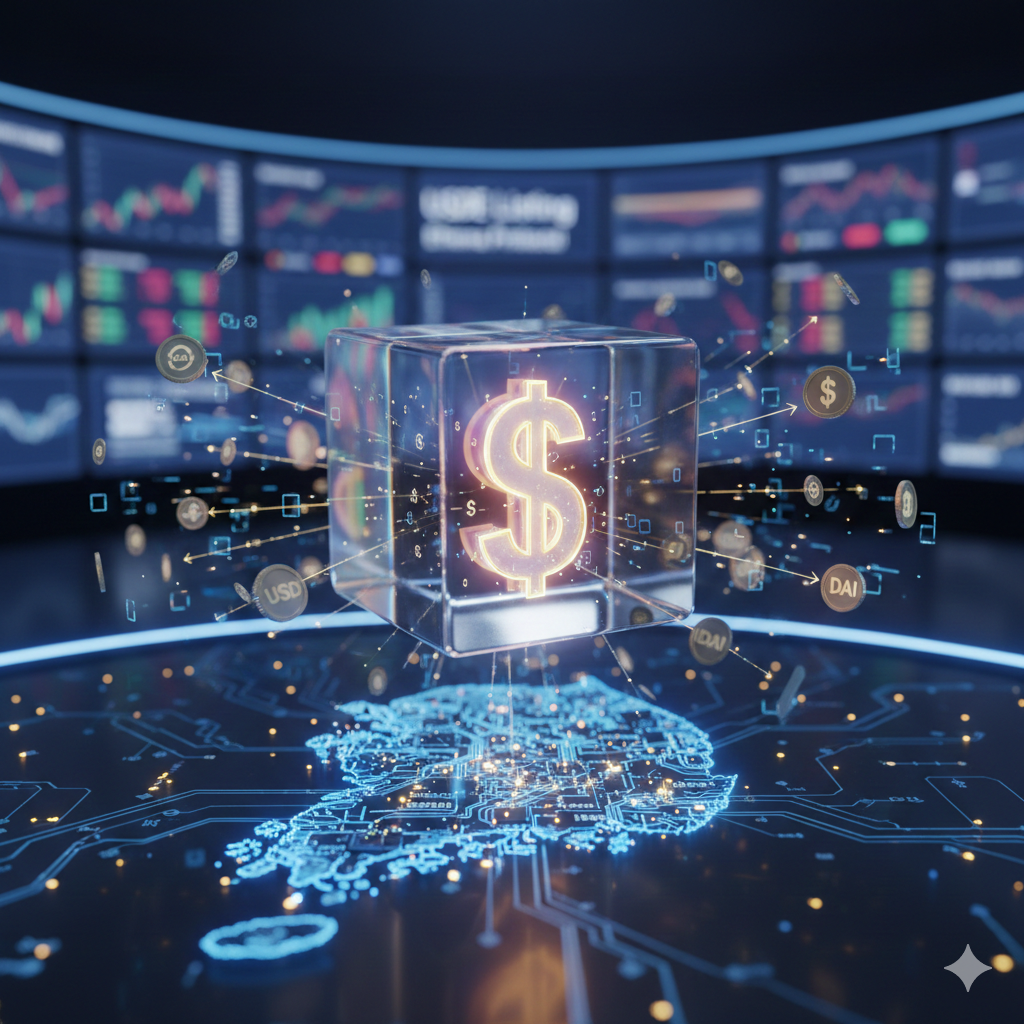 푸른 빛의 홀로그램으로 시각화된 대한민국 지도 위로 투명한 유리 큐브가 공중에 떠 있는 모습이에요. 큐브 중심에는 황금색으로 빛나는 달러 기호가 자리 잡고 있으며, 그 주변으로 테더와 다이 등 다양한 가상자산 코인들이 궤도를 그리며 회전하고 있어요. 배경에는 실시간 가상자산 거래 차트가 표시된 대형 멀티 스크린이 배치되어 있어, USDE의 국내 상장과 스테이블코인 시장의 역동적인 변화를 감각적이고 미래지향적으로 표현하고 있는 거예요.