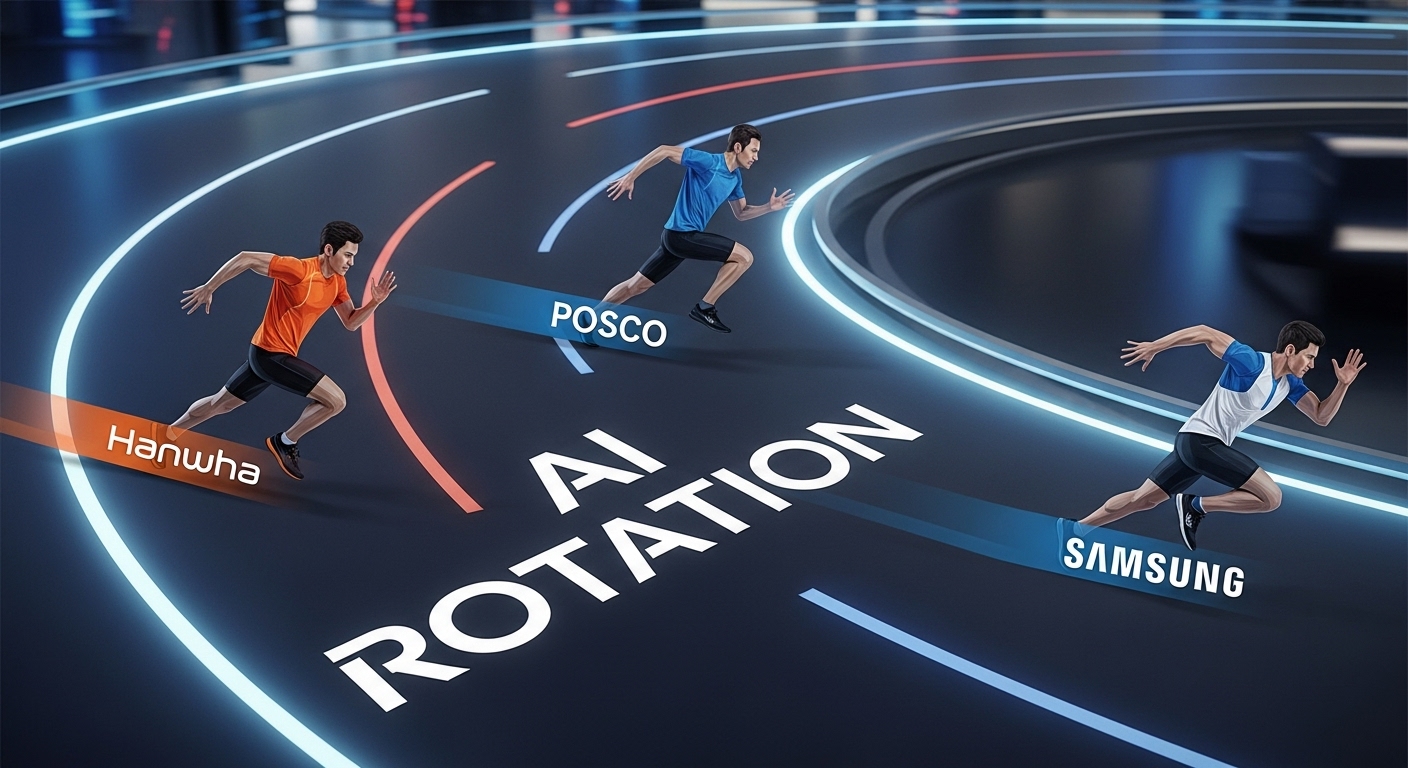 '한화', '삼성', '포스코' 3개 그룹주 ETF 로고가 'AI'라는 테마를 향해 달려가는 레이스 이미지