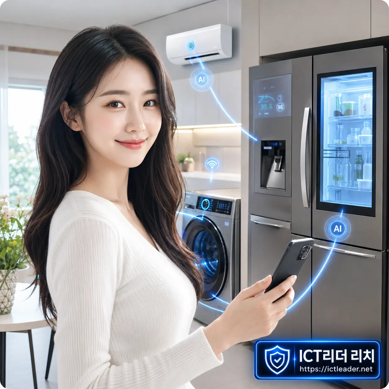 밝은 20대 여성이 스마트폰으로 2026 LG AI 가전을 확인하는 클릭 유도형 대표 썸네일