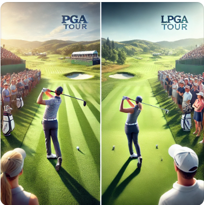 PGA와 LPGA 선수가 각각 티샷을 하는 이미지