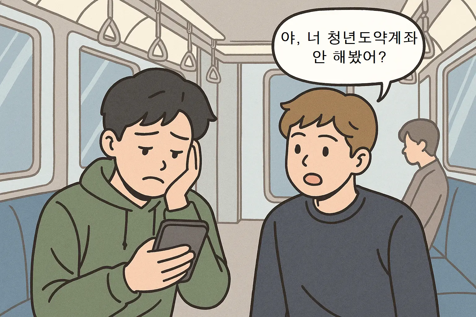 지하철에서 청년이 스마트폰 잔고를 확인하며 한숨 쉬고, 옆 친구가 청년도약계좌를 물어보는 장면