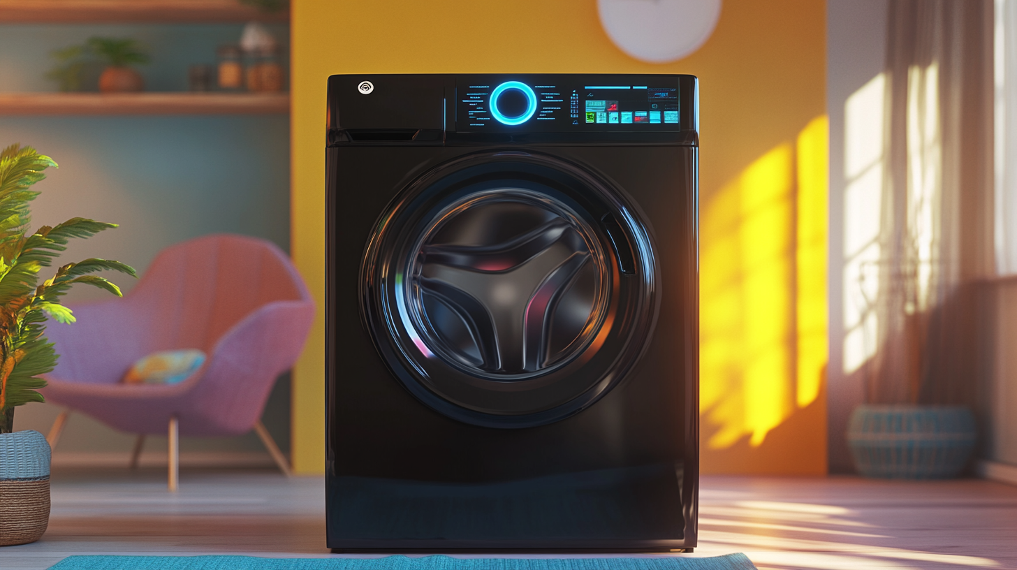 모던한 홈 세팅 안에 슬릭한 블랙 디자인의 세탁기와 미래적인 AI 인터페이스가 조화를 이루는 장면