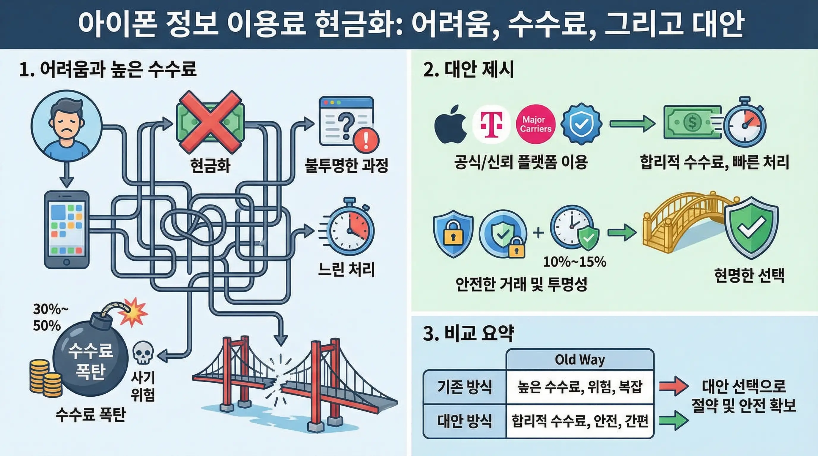 아이폰 정보 이용료 현금화의 어려움과 높은 수수료 문제를 설명하고 대안을 제시하는 인포그래픽