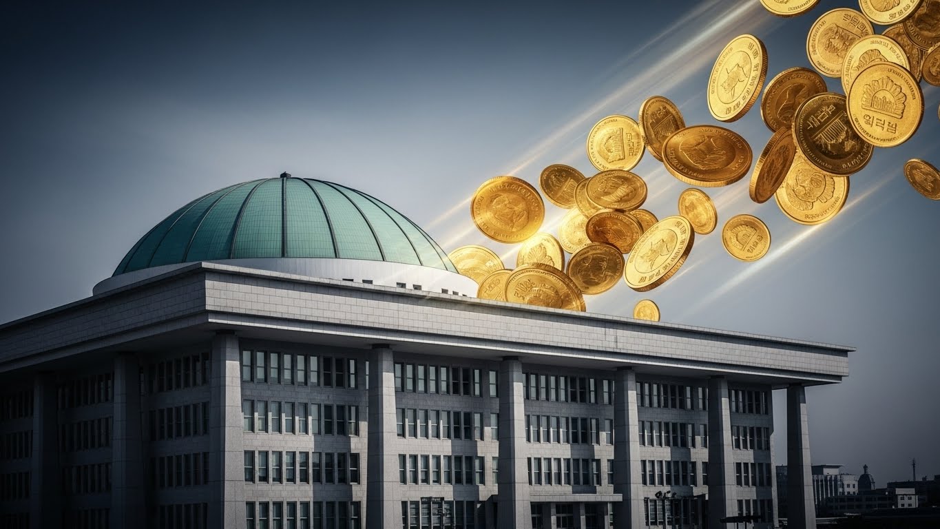 국회의사당 배경과 지원금 법안 논의를 상징하는 그래픽