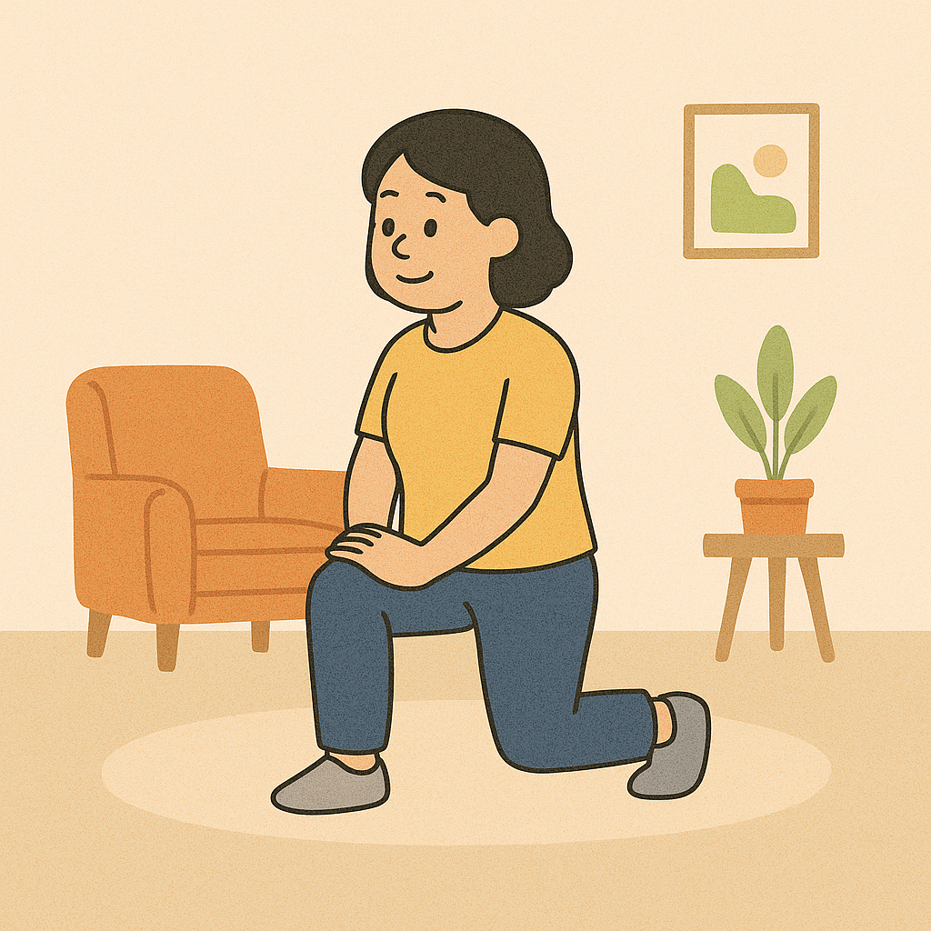 밝은 거실에서 여성이 앞쪽 다리를 굽히고 뒷다리를 뻗은 채 런지 자세를 취하고 있는 따뜻한 느낌의 일러스트.