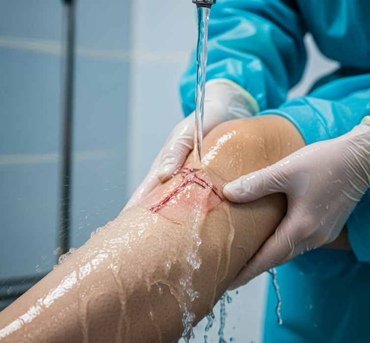 흐르는 깨끗한 물로 상처 부위를 충분히 씻어내는 것이 중요합니다.