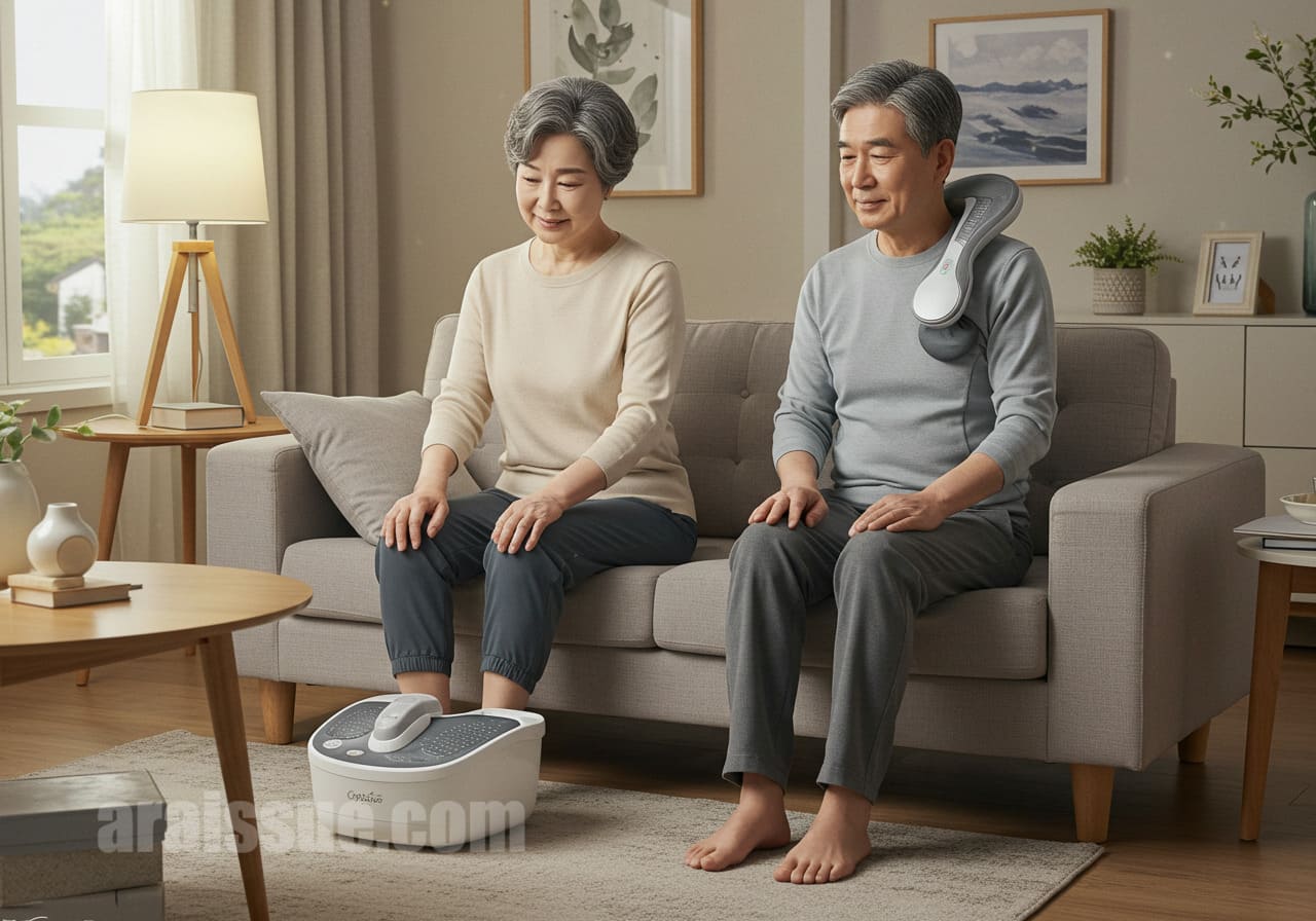 50대 부모님이 마사지기와 족욕기를 사용하며 편안한 시간을 보내는 장면, 생활 속 건강관리 기기