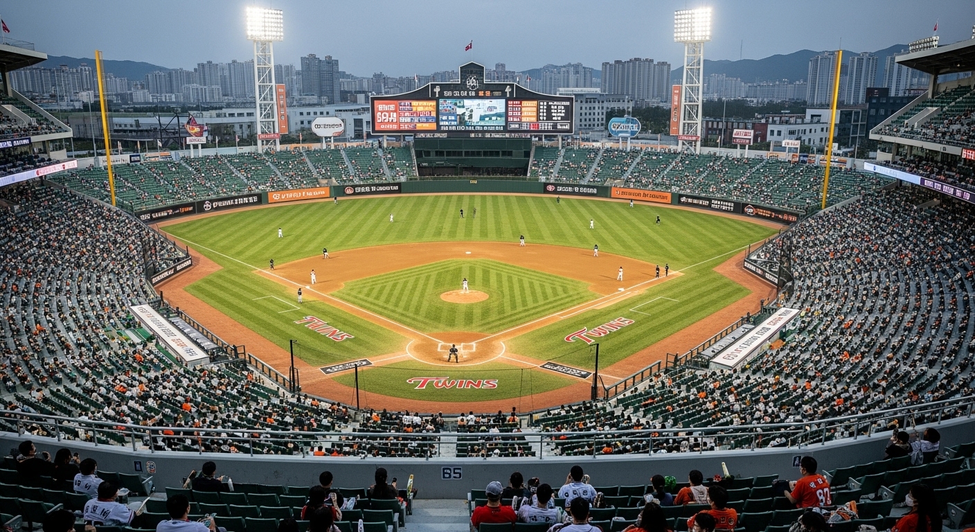 야구장 전체를 조감한 모습. LG 트윈스와 한화 이글스 팬들이 각각 초록색과 주황색 유니폼을 입고 열띤 응원전을 펼치고 있으며, 선수들이 그라운드에서 긴장감 넘치는 분위기 속에서 경기 준비 중이다.