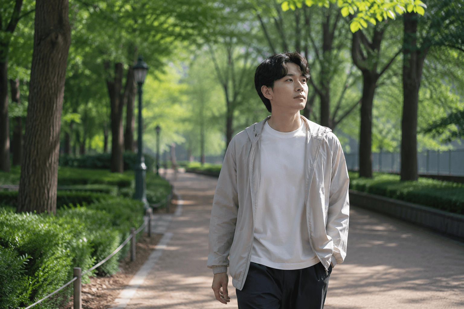 공원에서 걷기 명상을 실천하는 사람
