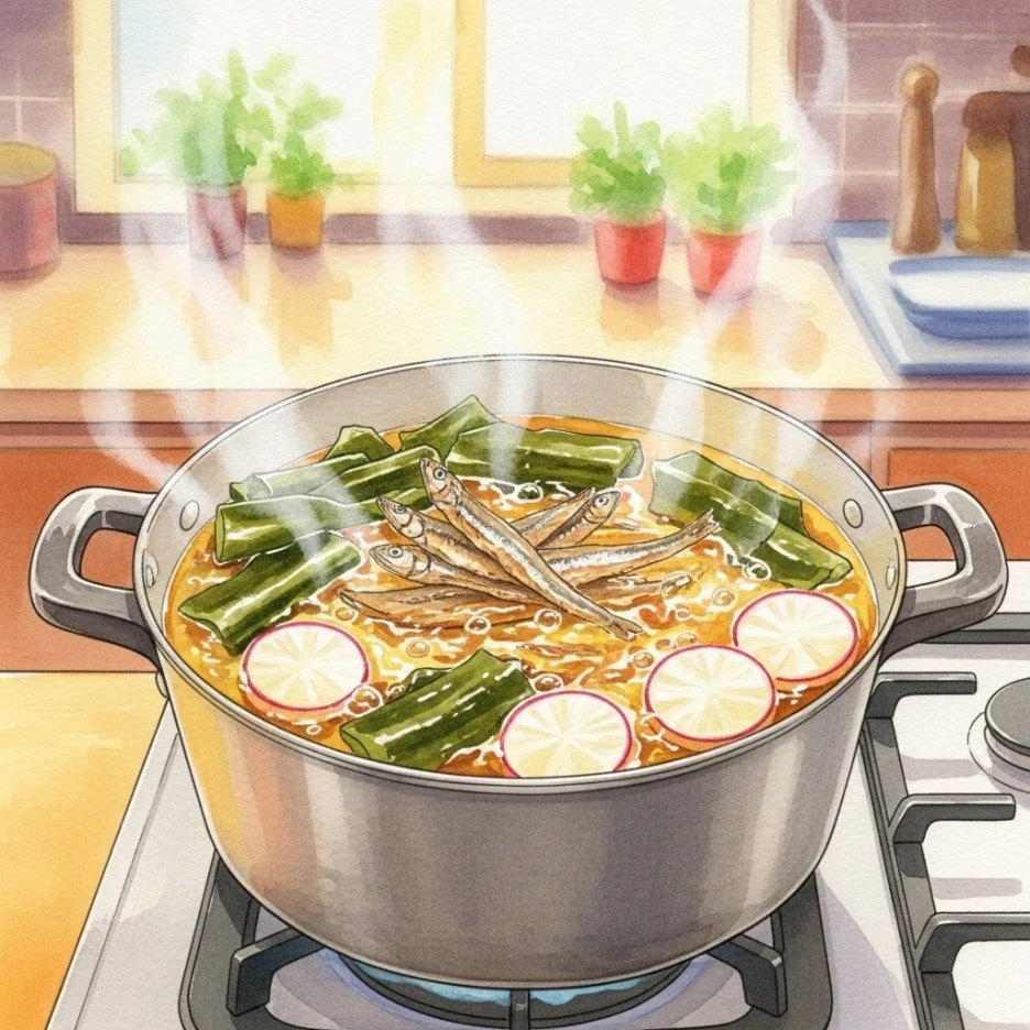 냄비에서 끓고 있는 맑고 시원한 멸치 육수.