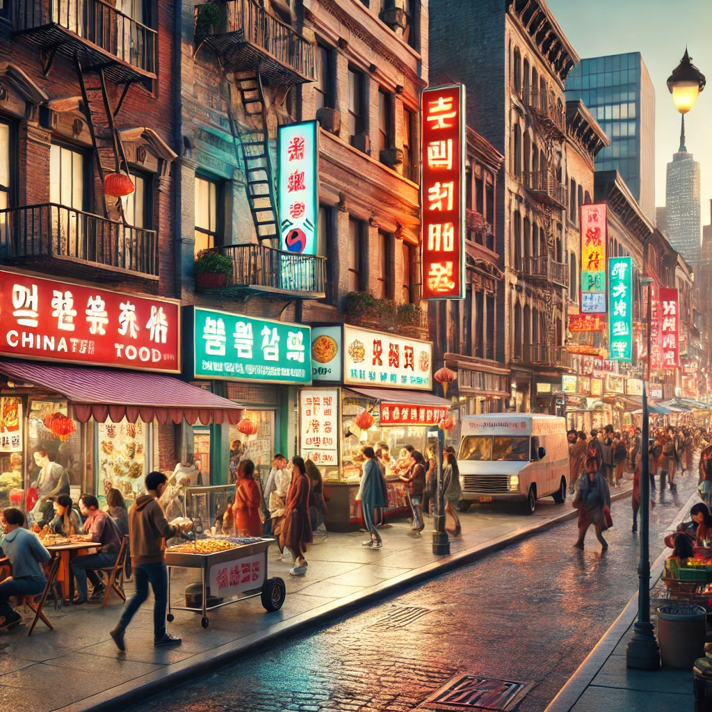 뉴욕 차이나타운과 코리아타운 거리의 활기찬 음식 풍경