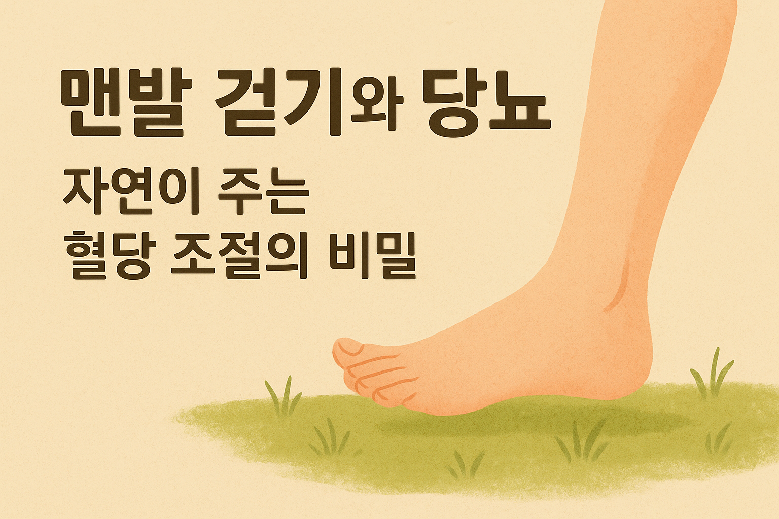 대체 텍스트: “맨발 걷기와 당뇨 - 자연이 주는 혈당 조절의 비밀”이라는 문구가 적힌 썸네일 이미지로, 잔디 위를 걷는 맨발의 발이 따뜻한 톤으로 그려져 있으며 전체적으로 부드럽고 자연적인 느낌을 주는 일러스트.
