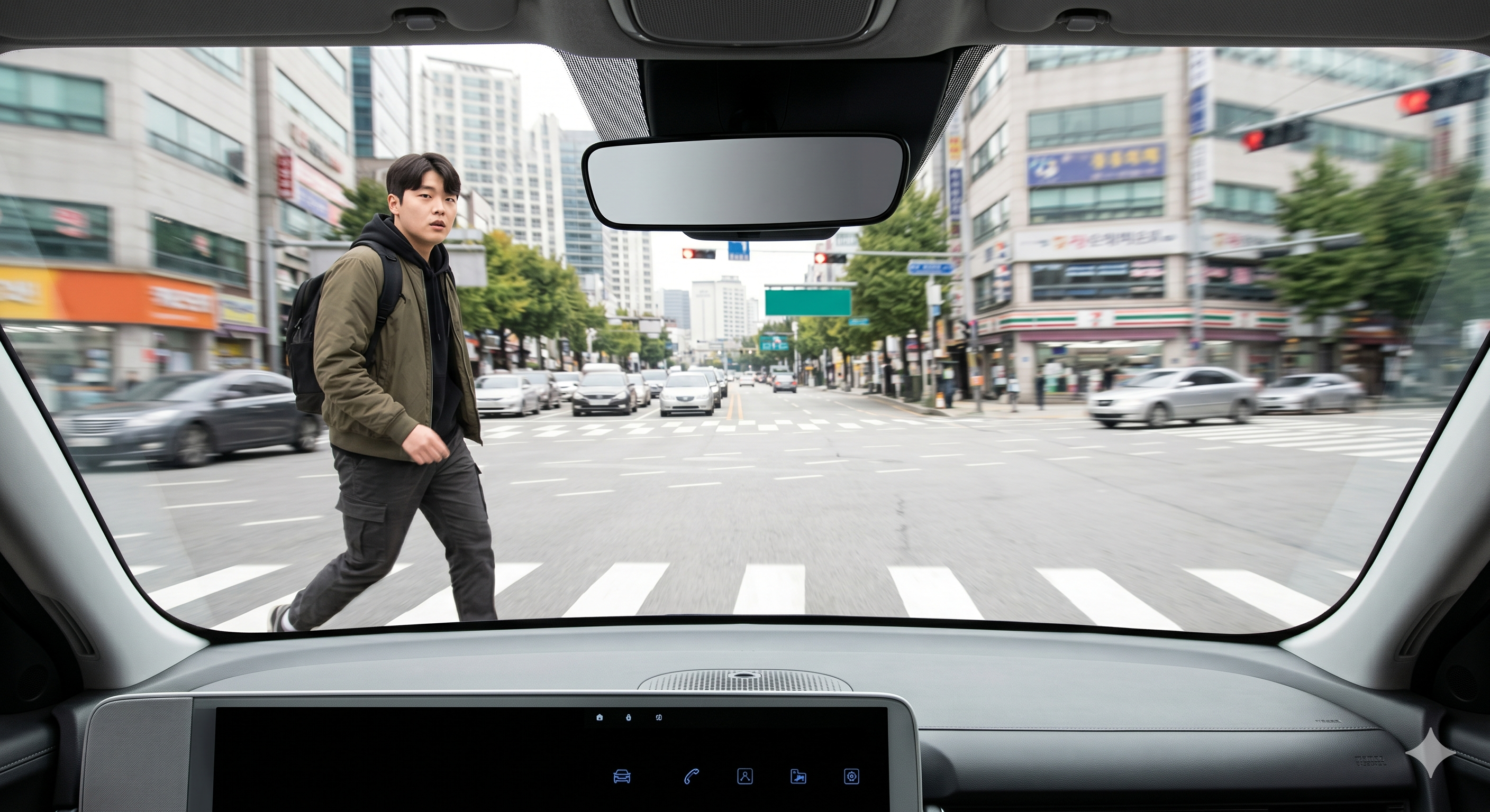 우회전 중 횡단보도로 갑자기 진입하는 보행자를 위해 급정지하는 차량.