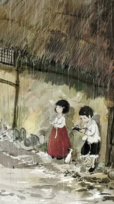 비오는-날-초가집-처마밑에-빨간-치마를-입은-소녀와-검정-고무신을-신은-소년이-비를-피하는-장면