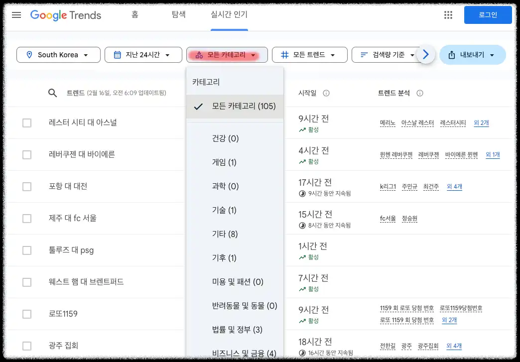 구글 트렌드 실시간 인기검색어