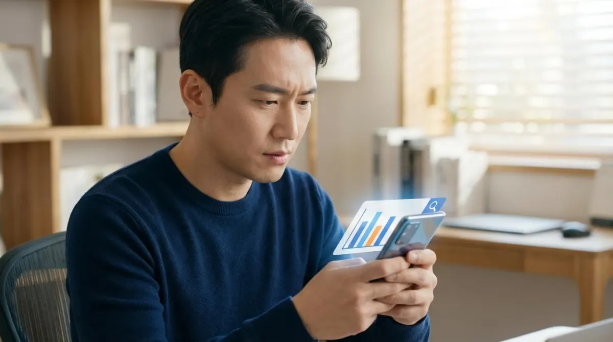 스마트폰으로 부동산 공시가격 변동 추이를 진지하게 분석하고 있는 한국인 남성의 모습