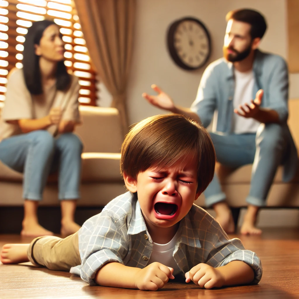 떼쓰는 아이와 이를 차분하게 바라보는 부모의 모습