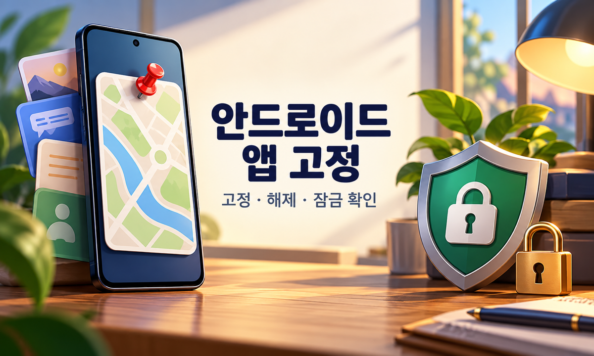 스마트폰의 한 앱 화면을 핀으로 고정하고 방패와 자물쇠로 잠금 확인을 표현한 안드로이드 앱 고정 삽화
