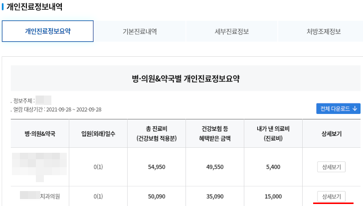 개인진료정보요약 스크린샷입니다.