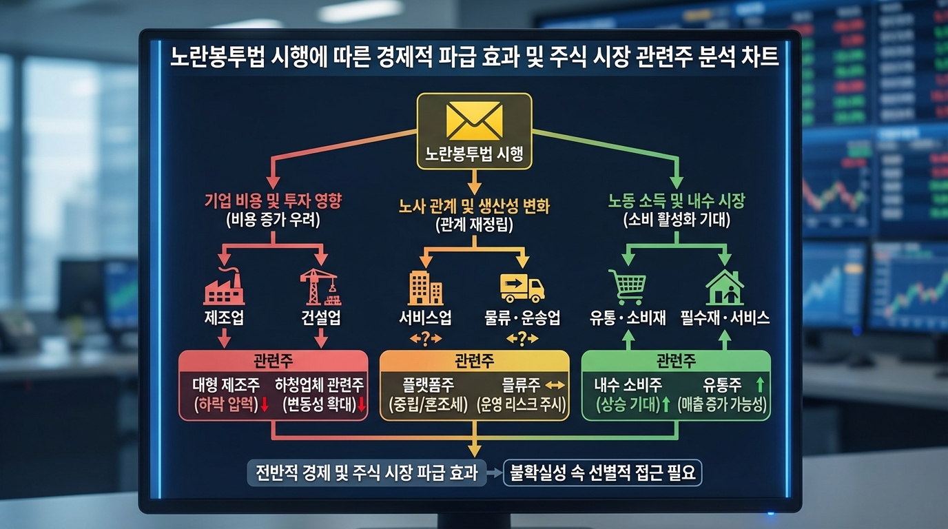 노란봉투법 시행에 따른 산업별 경제적 파급 효과와 주식 시장 관련주 분석 차트 이미지